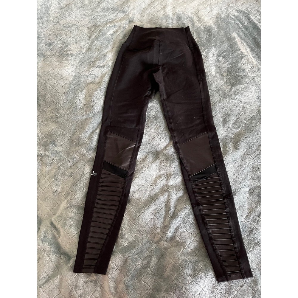 Alo Yoga Moto Leggings Black High Waisted Quilted Mesh Panel Activewear XS